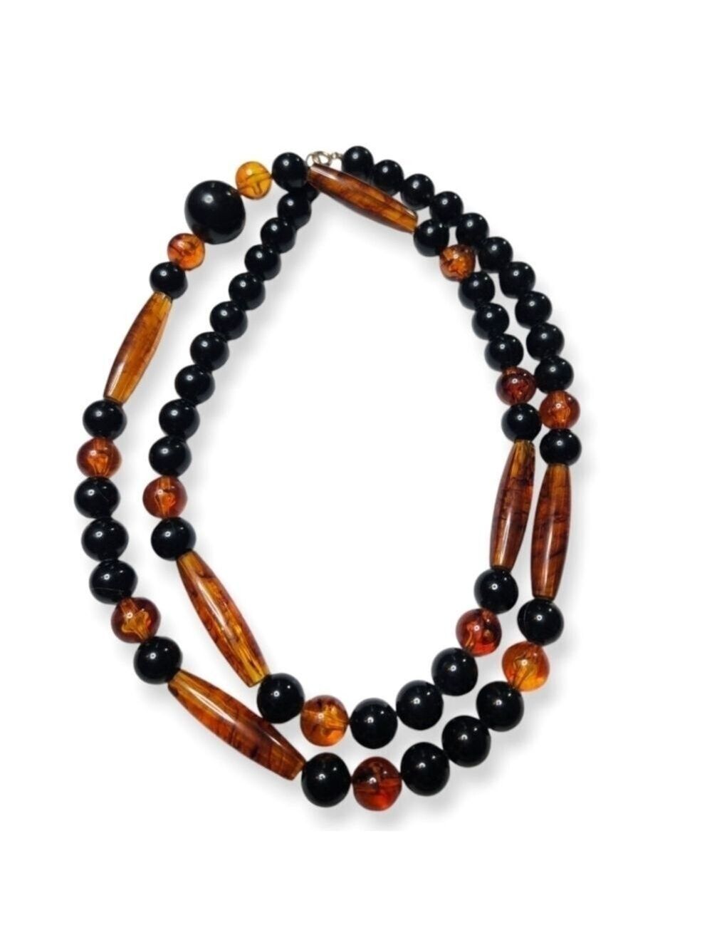 Vintage Black and Faux Amber Long Beaded Necklace